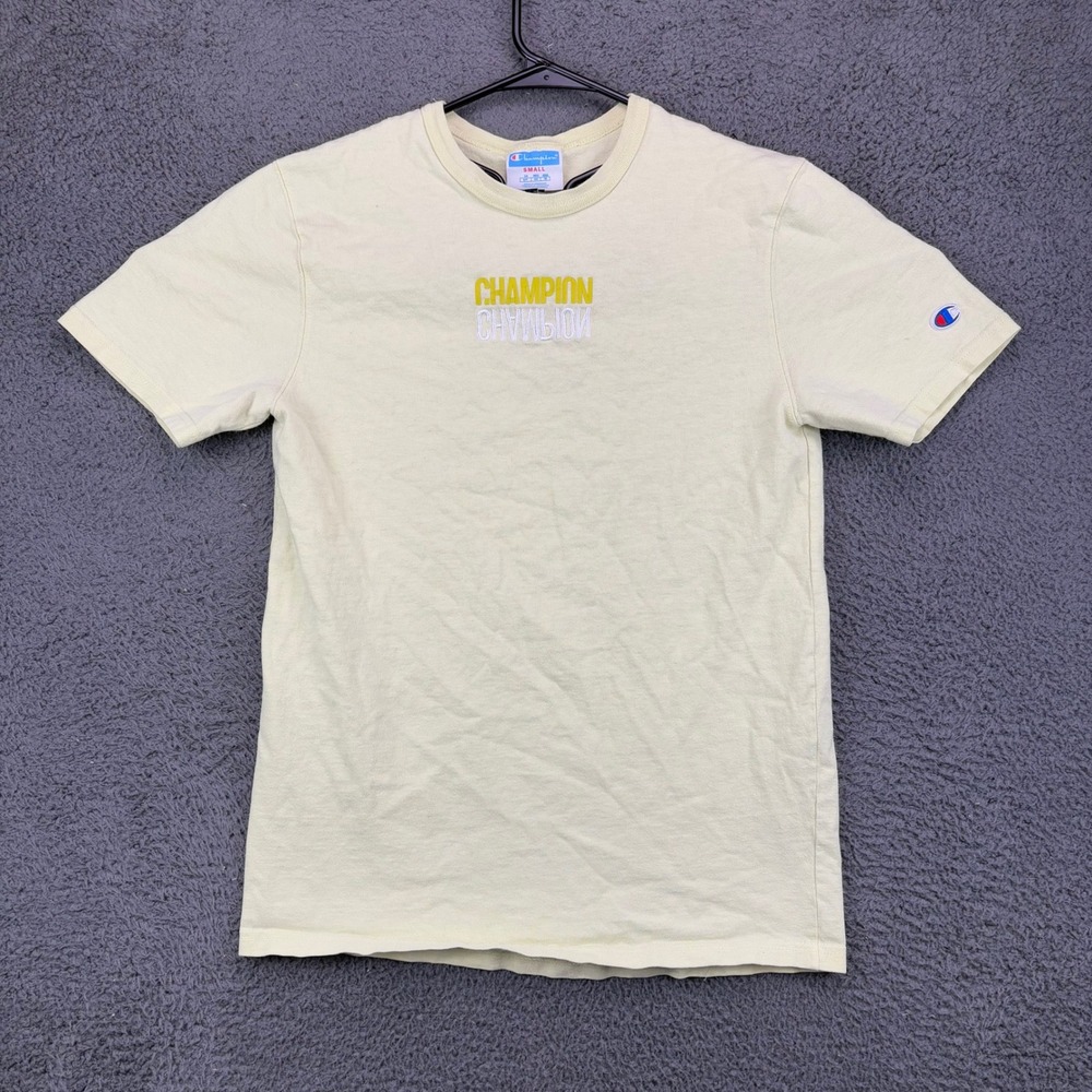 Champion Mens Small‎ T-Shirt Pale Yellow Embroidered Mirror Logo GT19 Cotton